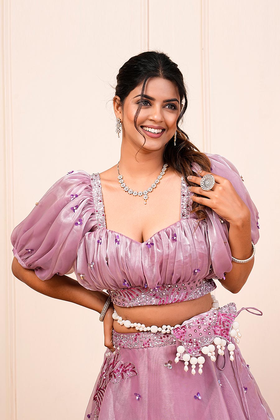 Lavender Organza Embroidered Skirt Set With Bum Bag