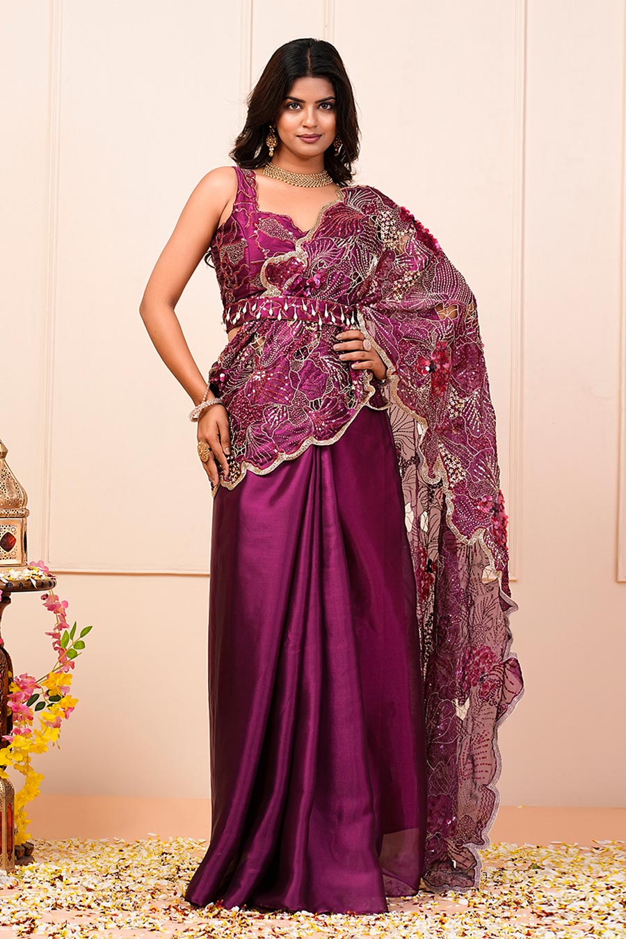 Purple Organza Embroidered Pre-Drape Saree Set With Belt