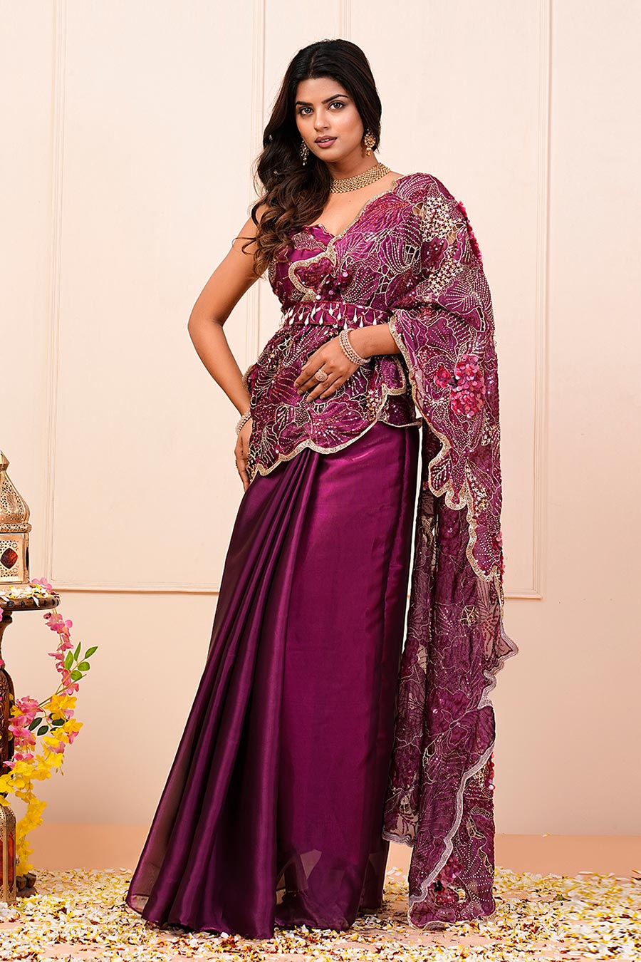 Purple Organza Embroidered Pre-Drape Saree Set With Belt