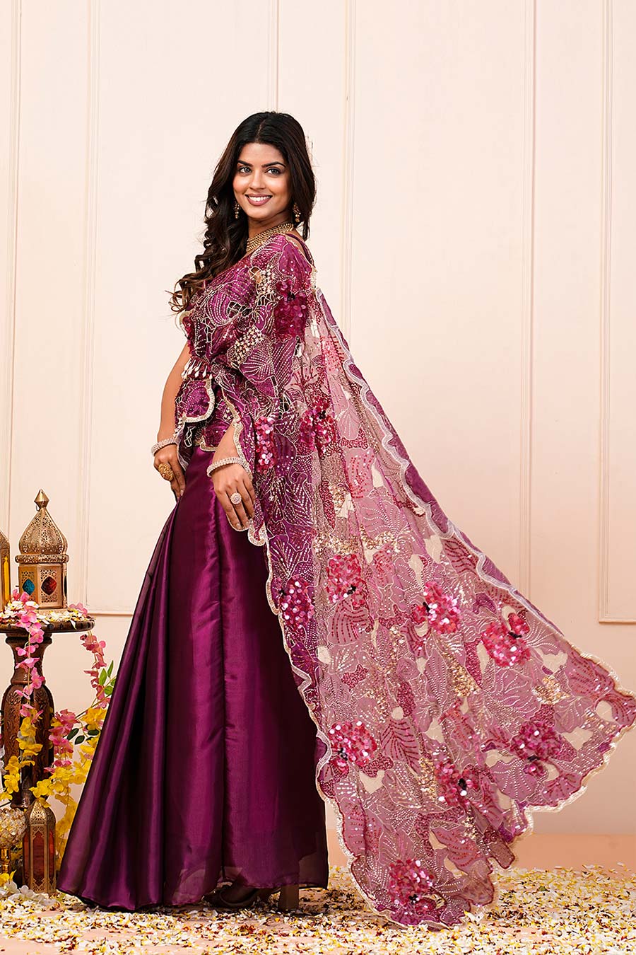 Purple Organza Embroidered Pre-Drape Saree Set With Belt