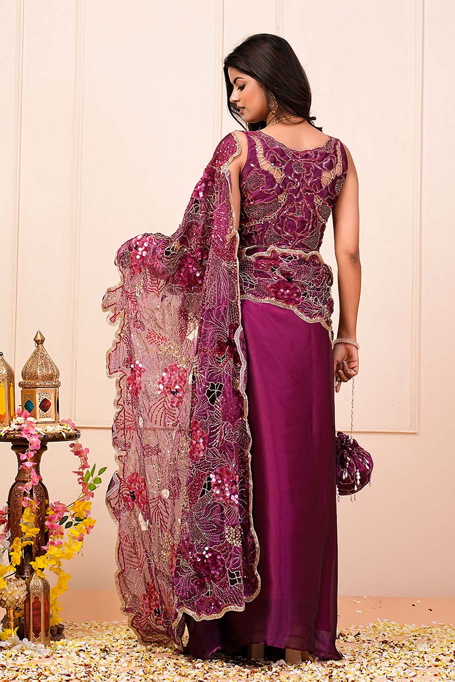 Purple Organza Embroidered Pre-Drape Saree Set With Belt