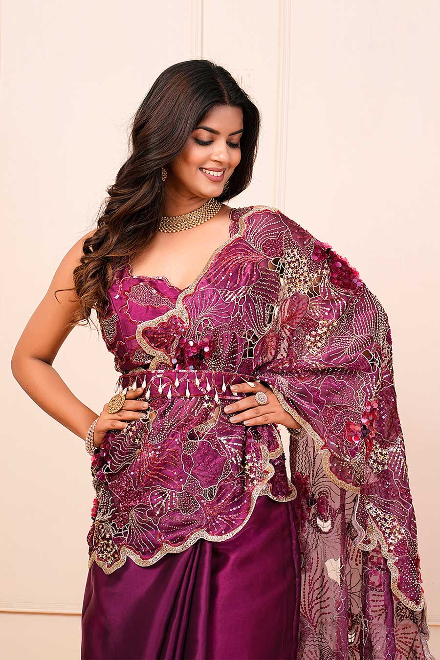 Purple Organza Embroidered Pre-Drape Saree Set With Belt