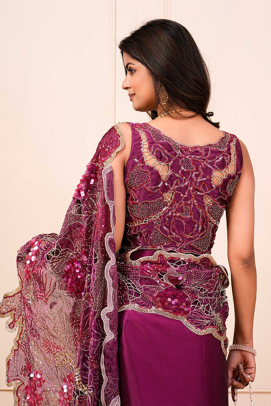 Purple Organza Embroidered Pre-Drape Saree Set With Belt