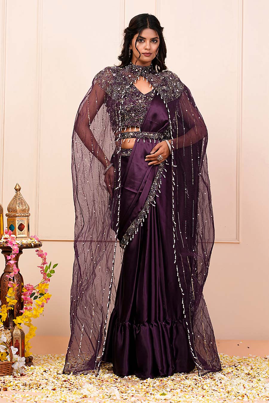 Wine Embroidered Pre-Drape Saree Set With Cape & Belt