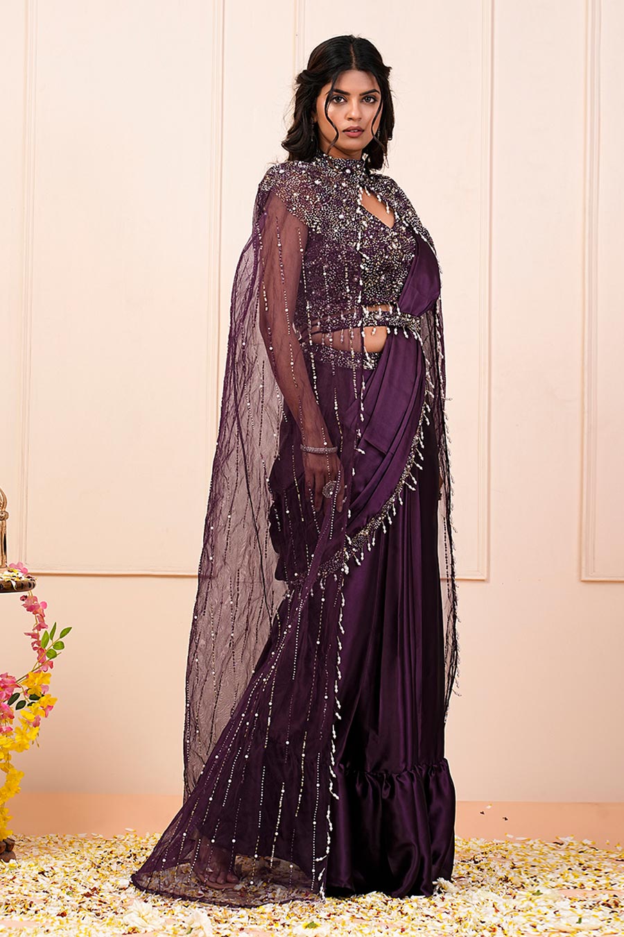 Wine Embroidered Pre-Drape Saree Set With Cape & Belt