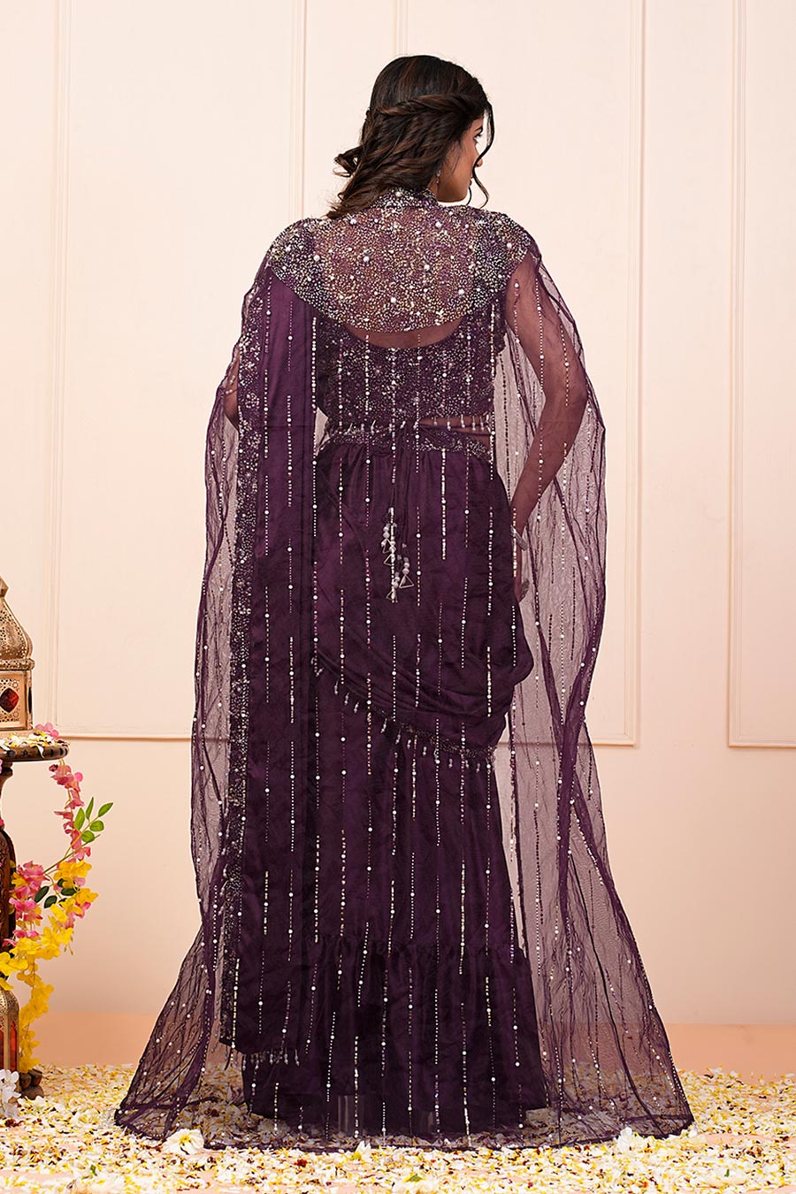 Wine Embroidered Pre-Drape Saree Set With Cape & Belt