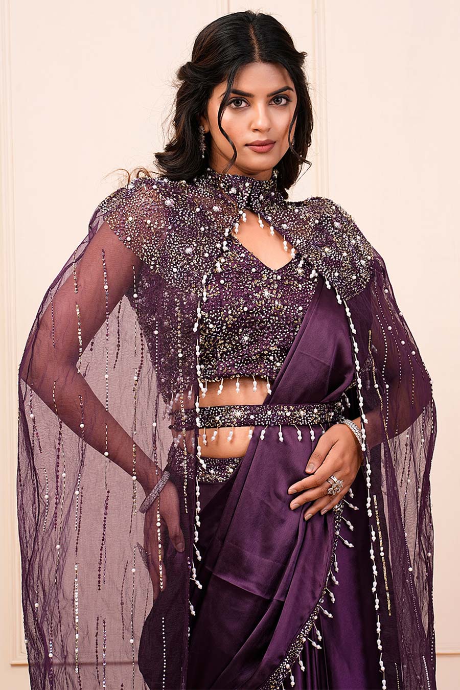 Wine Embroidered Pre-Drape Saree Set With Cape & Belt