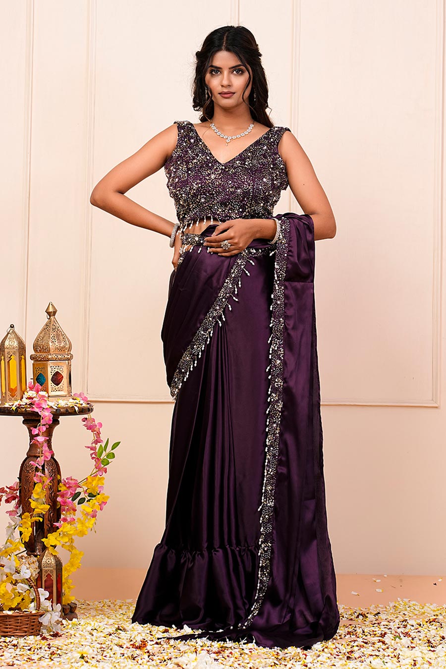Wine Embroidered Pre-Drape Saree Set With Cape & Belt
