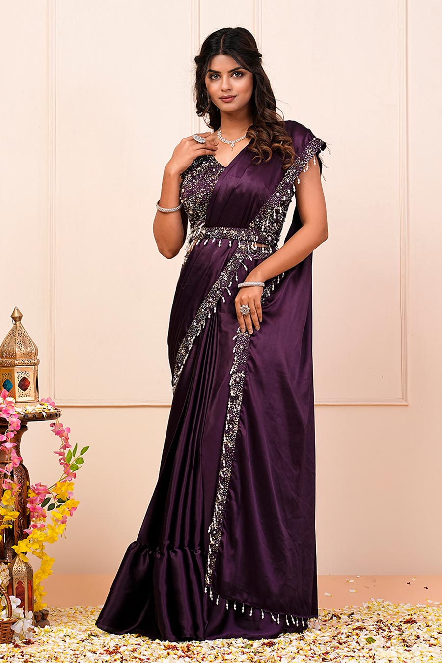 Wine Embroidered Pre-Drape Saree Set With Belt