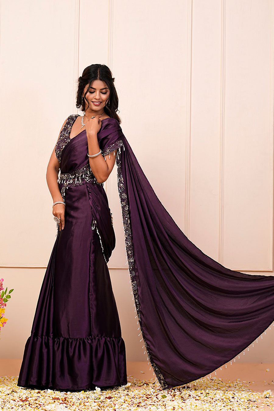 Wine Embroidered Pre-Drape Saree Set With Belt