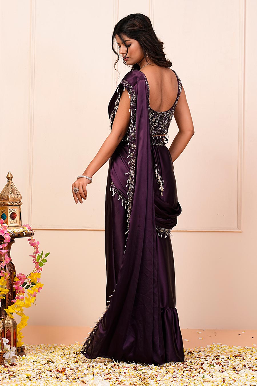 Wine Embroidered Pre-Drape Saree Set With Belt