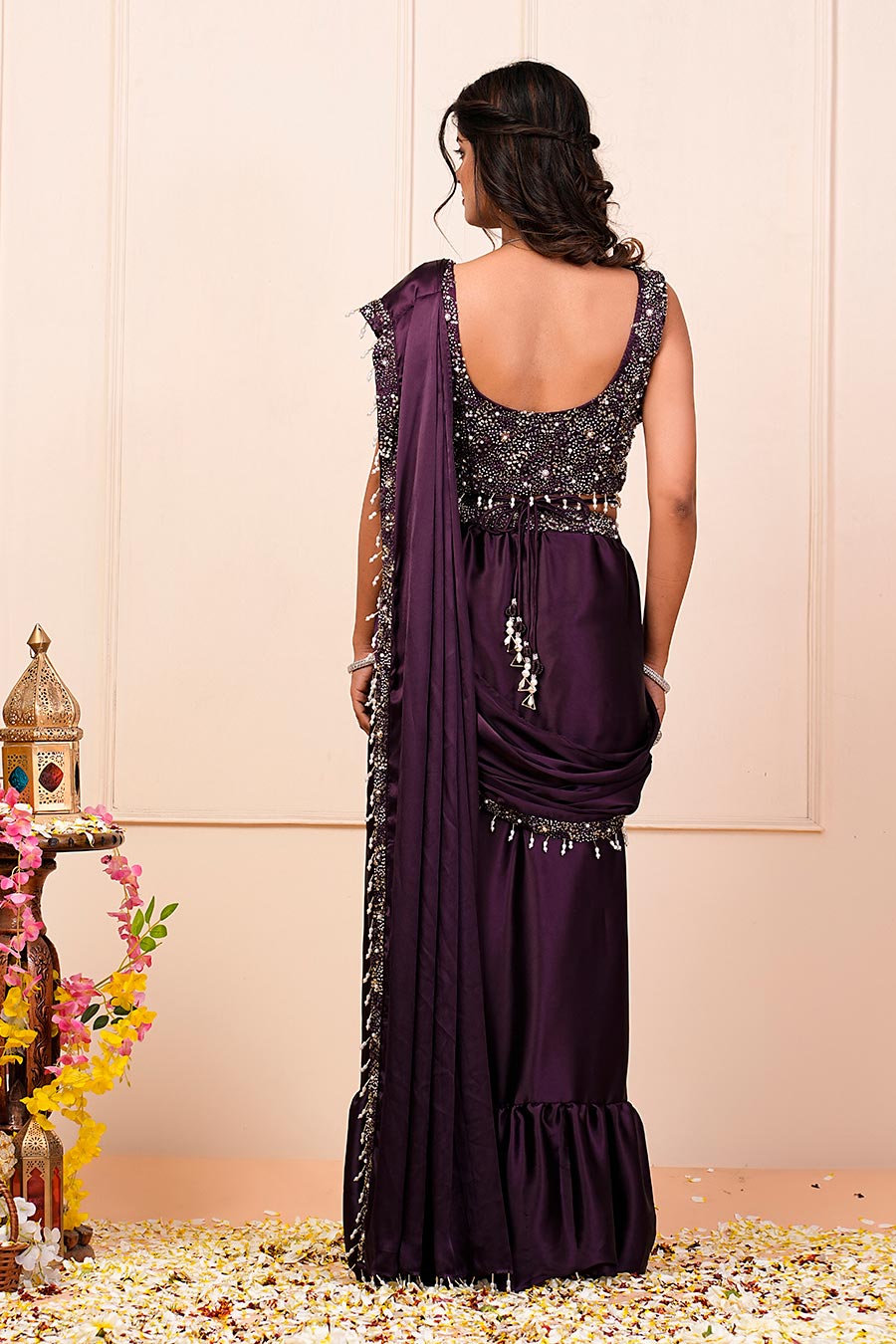 Wine Embroidered Pre-Drape Saree Set With Belt