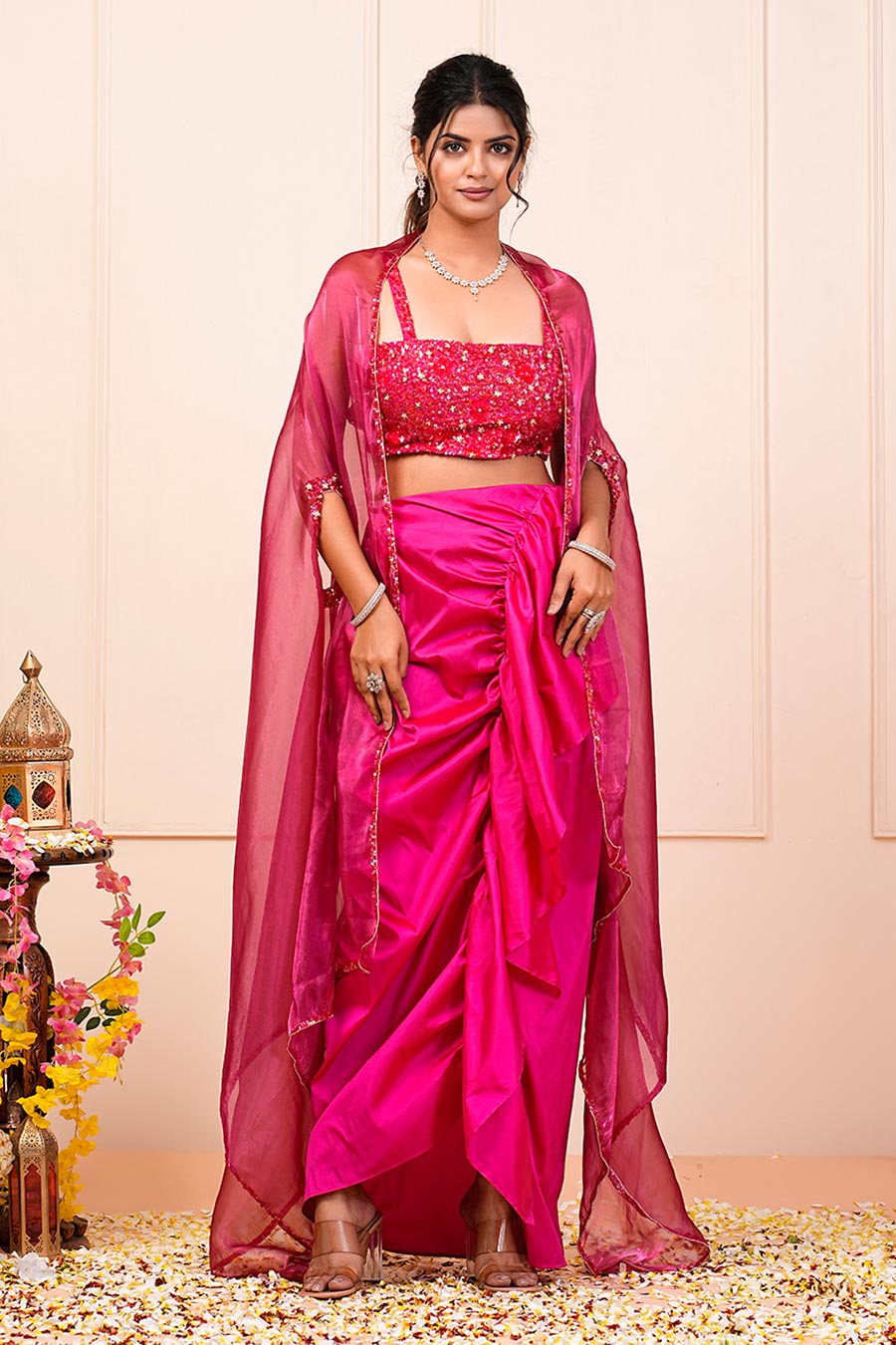 Pink Embroidered Drape Skirt Set With Cape