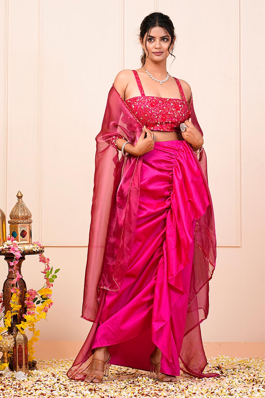 Pink Embroidered Drape Skirt Set With Cape