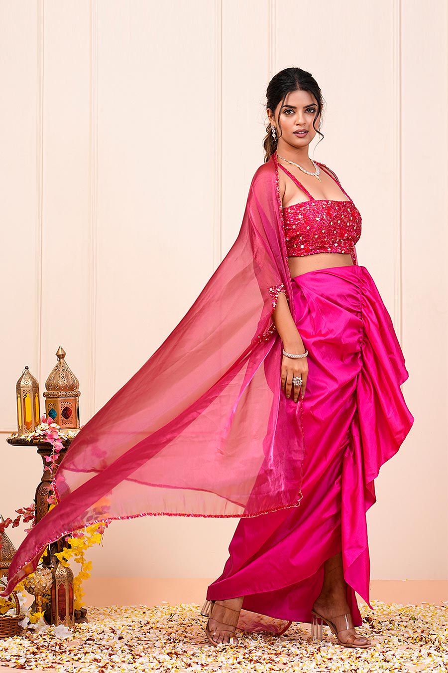 Pink Embroidered Drape Skirt Set With Cape
