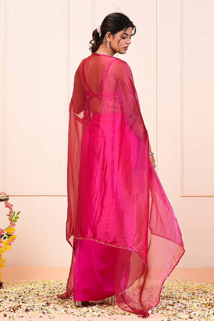 Pink Embroidered Drape Skirt Set With Cape
