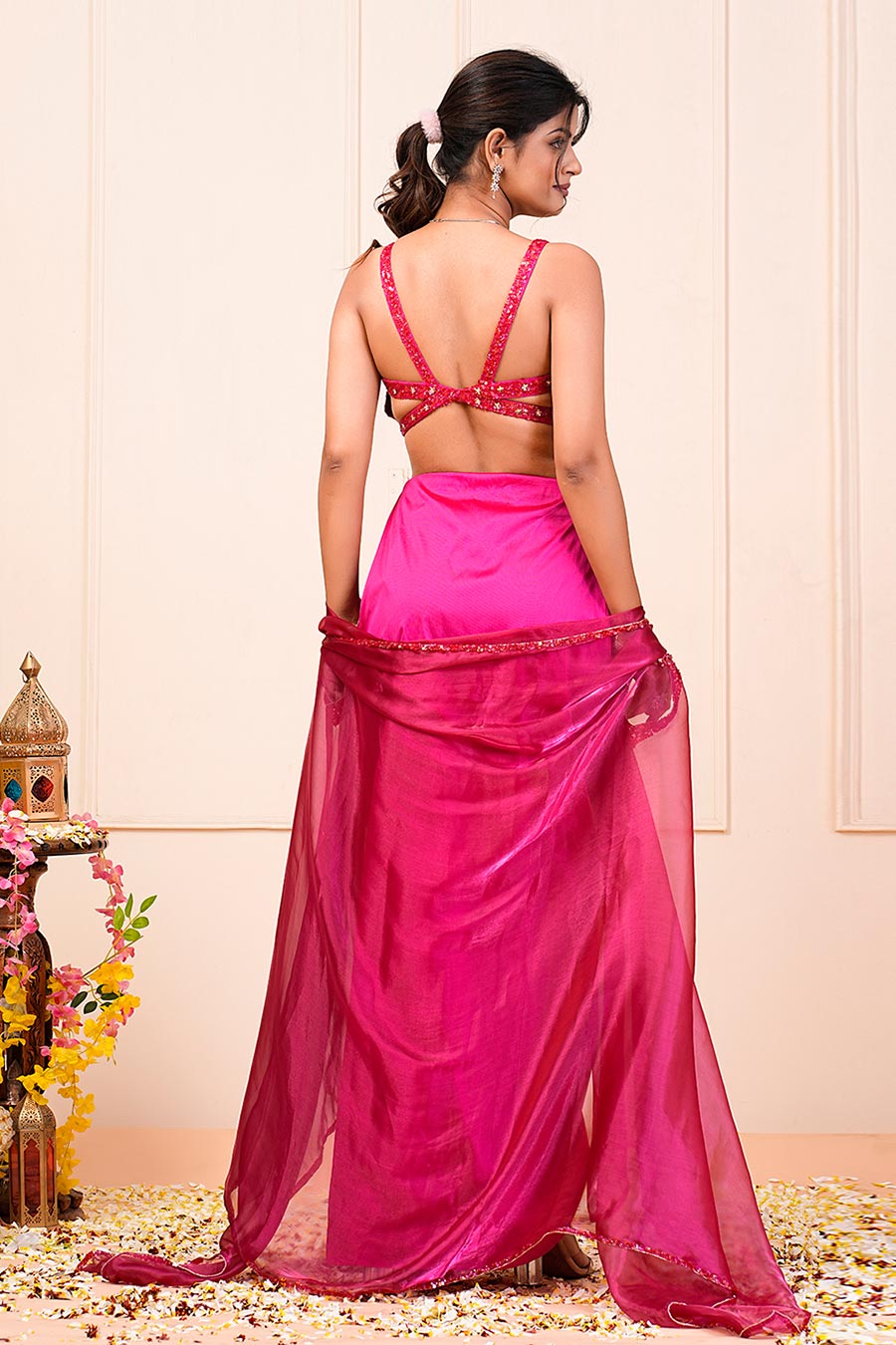 Pink Embroidered Drape Skirt Set With Cape