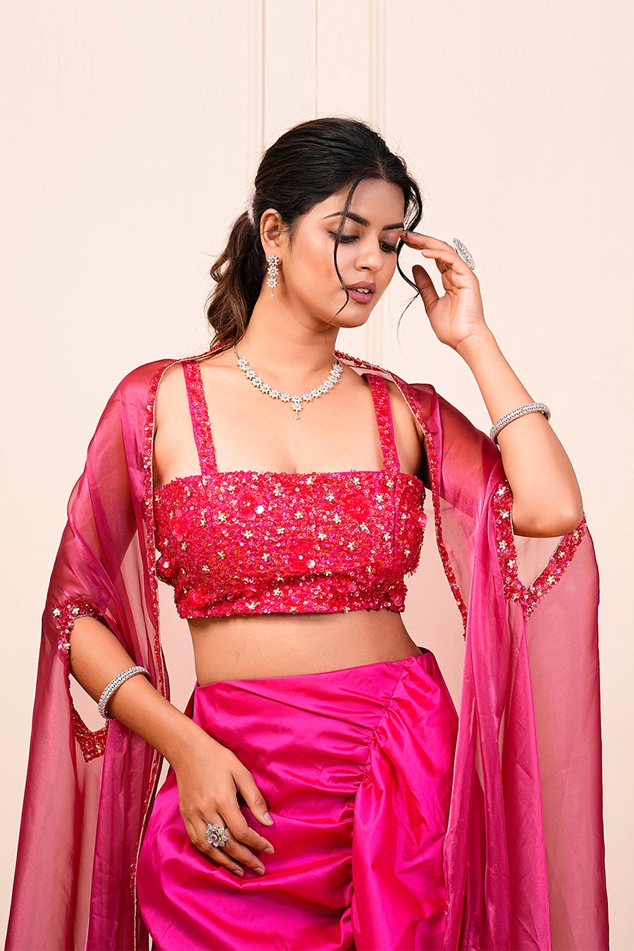 Pink Embroidered Drape Skirt Set With Cape