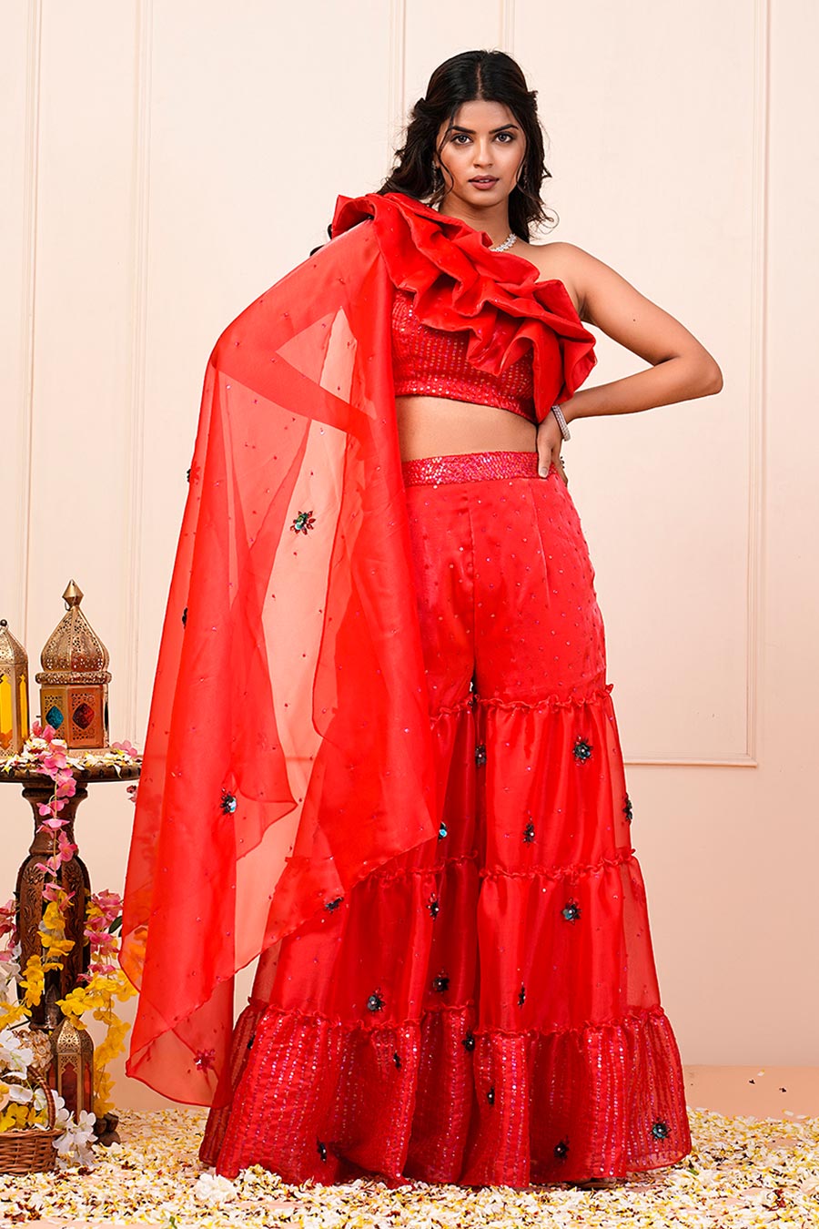 Fiery Red Organza Embroidered Top & Sharara Set