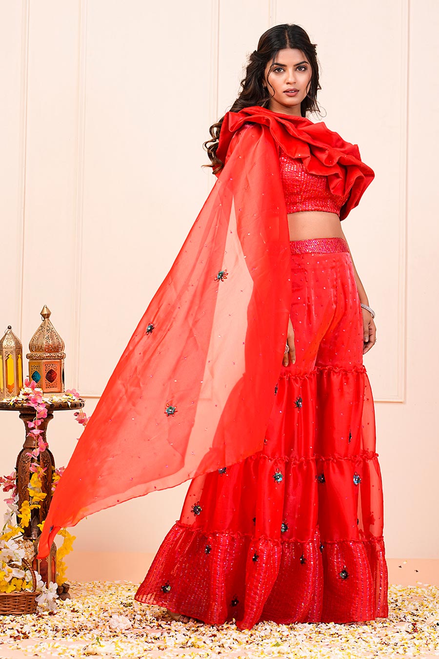 Fiery Red Organza Embroidered Top & Sharara Set