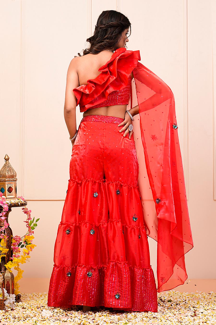 Fiery Red Organza Embroidered Top & Sharara Set