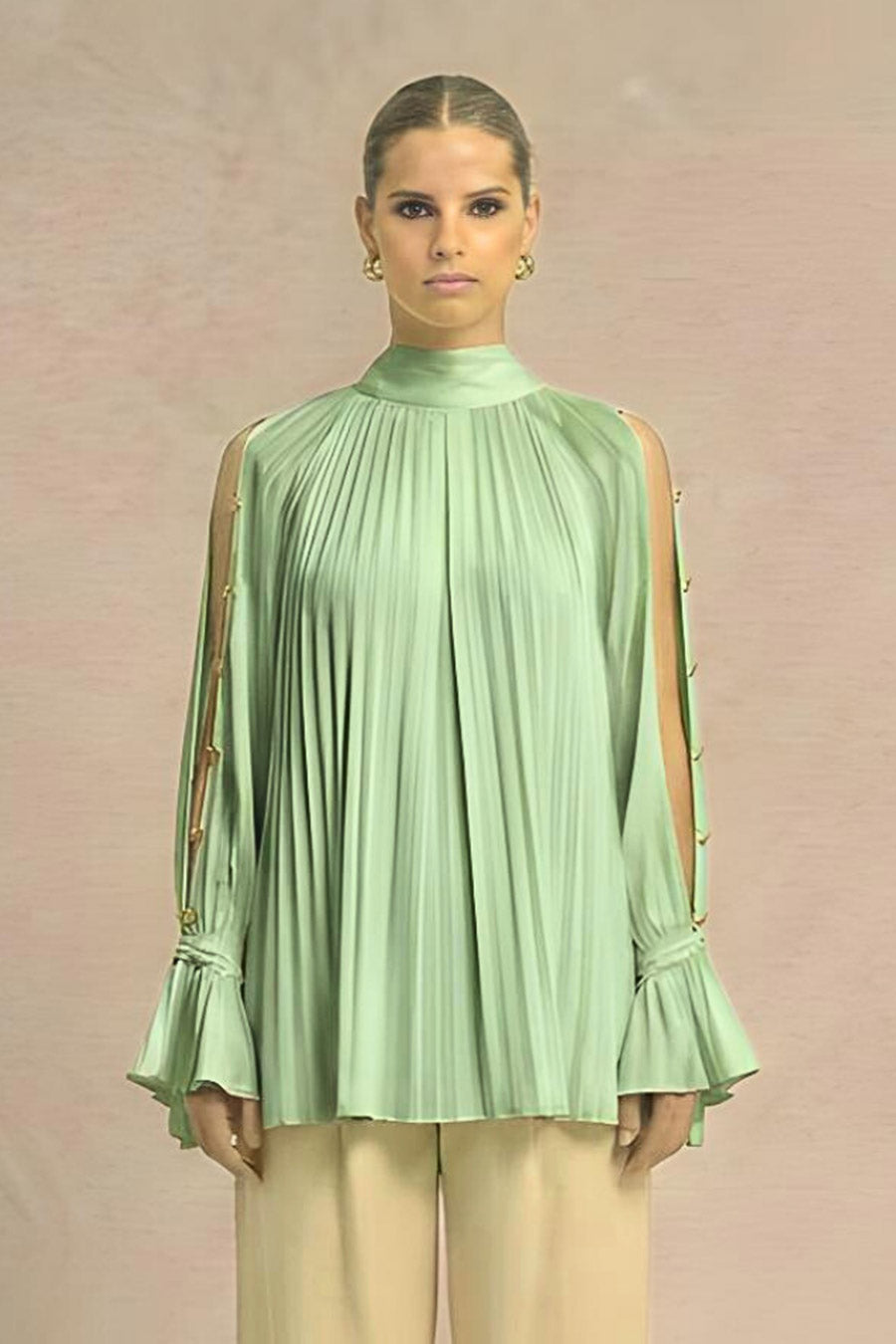 Ash Green Cold Shoulder Coin Embellished Top