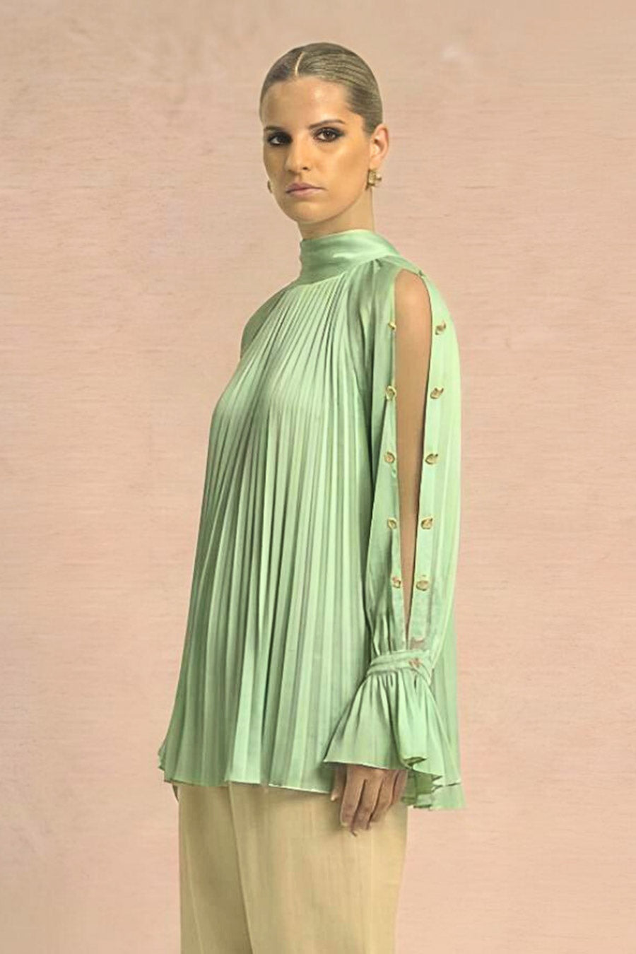 Ash Green Cold Shoulder Coin Embellished Top