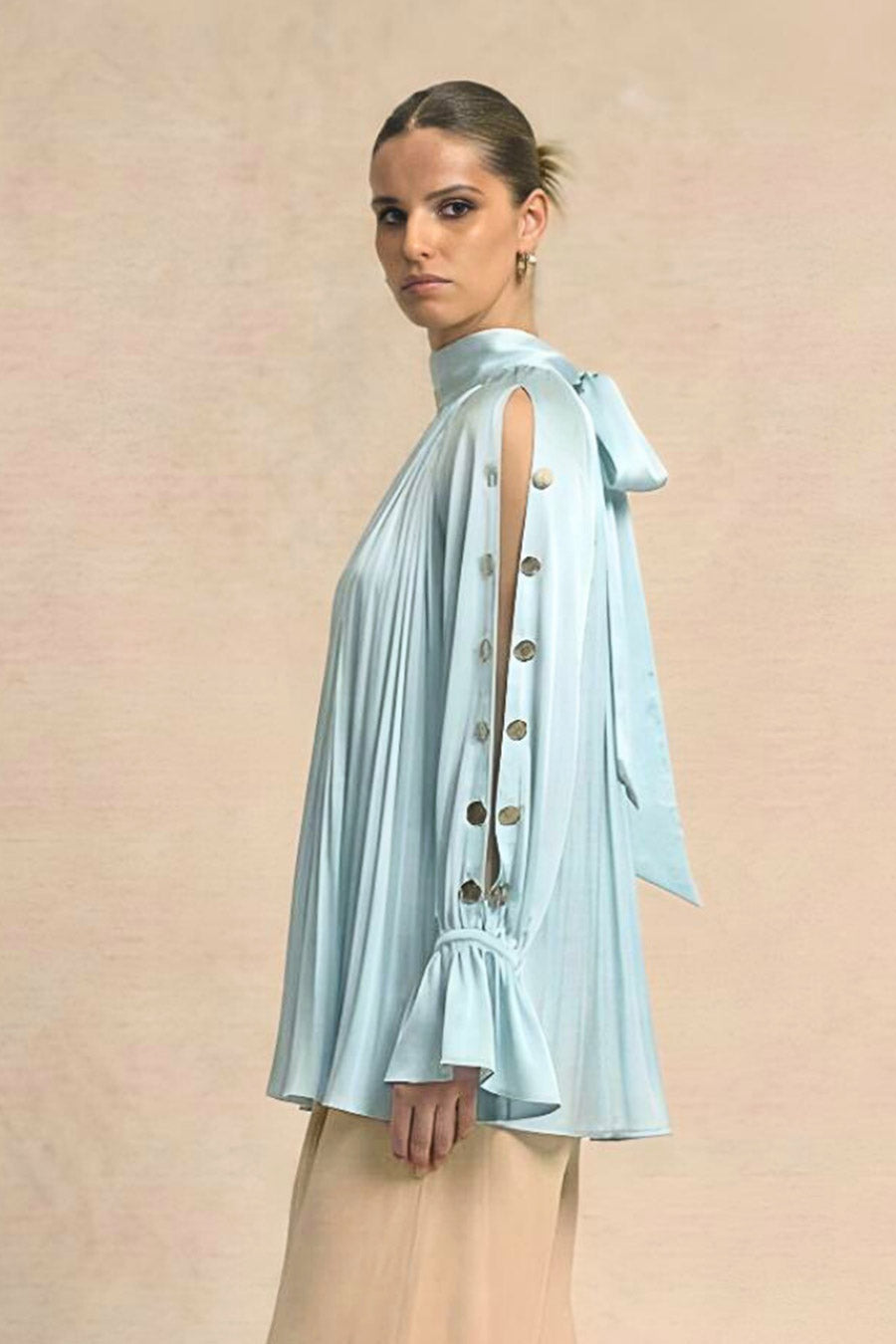 Tropical Blue Cold Shoulder Coin Embellished Top