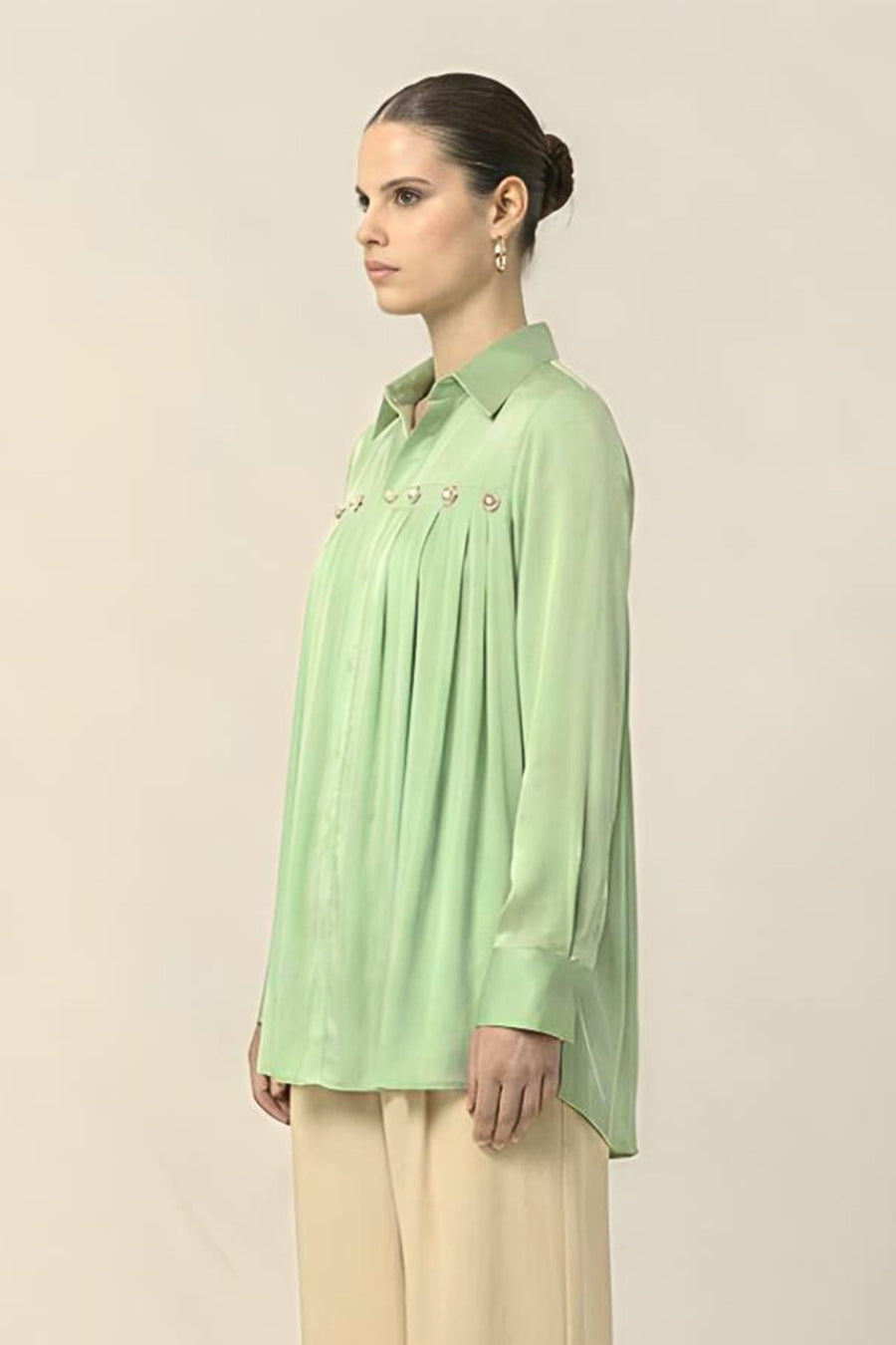 Ash Green Pleated Coin Embellished Shirt