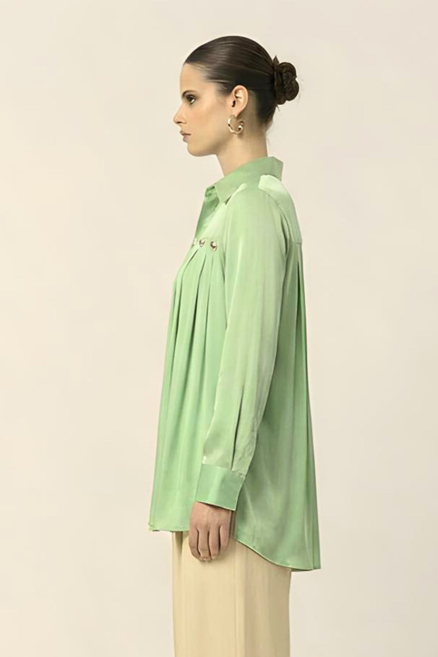 Ash Green Pleated Coin Embellished Shirt