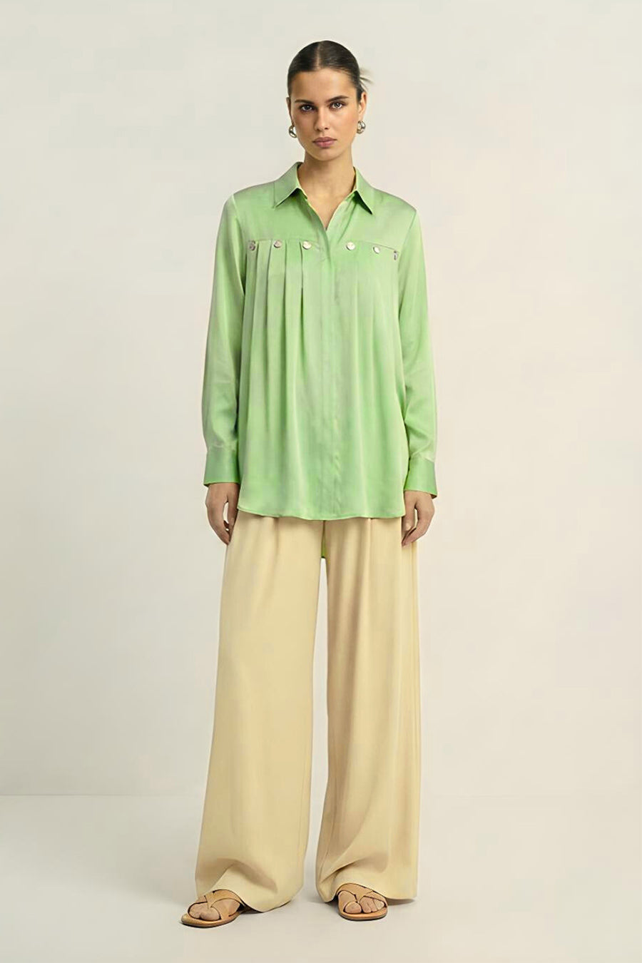 Ash Green Pleated Coin Embellished Shirt