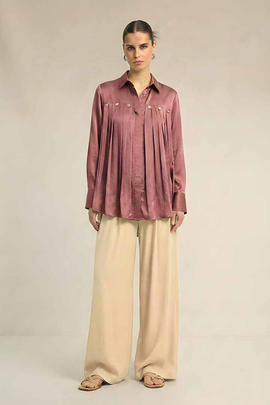 Brick Red Pleated Coin Embellished Shirt