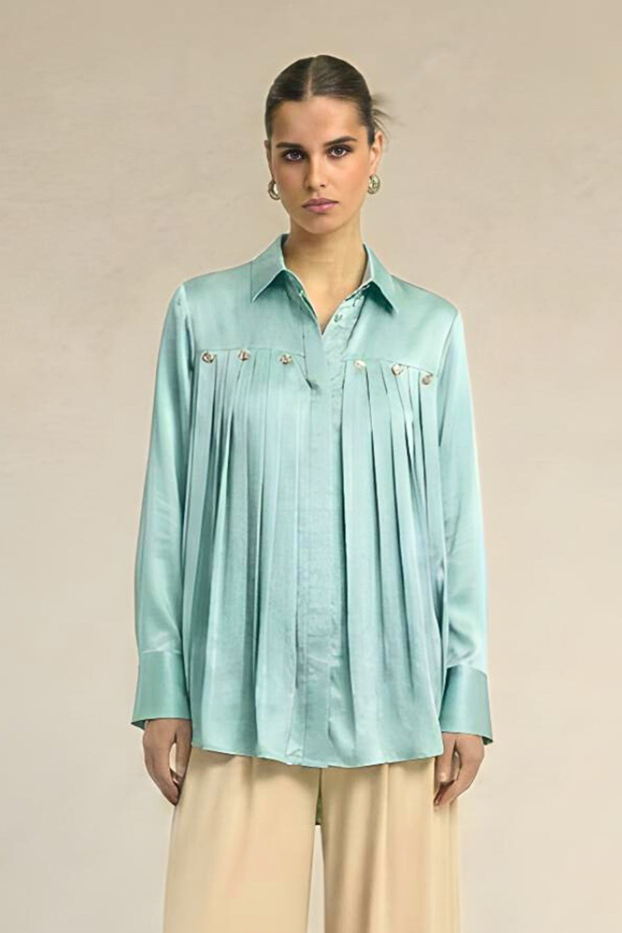 Tropical Blue Pleated Coin Embellished Shirt