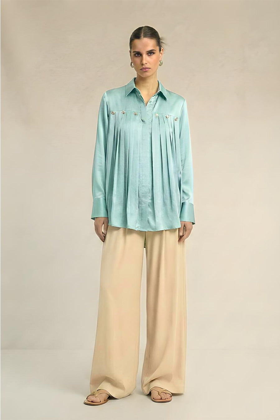 Tropical Blue Pleated Coin Embellished Shirt