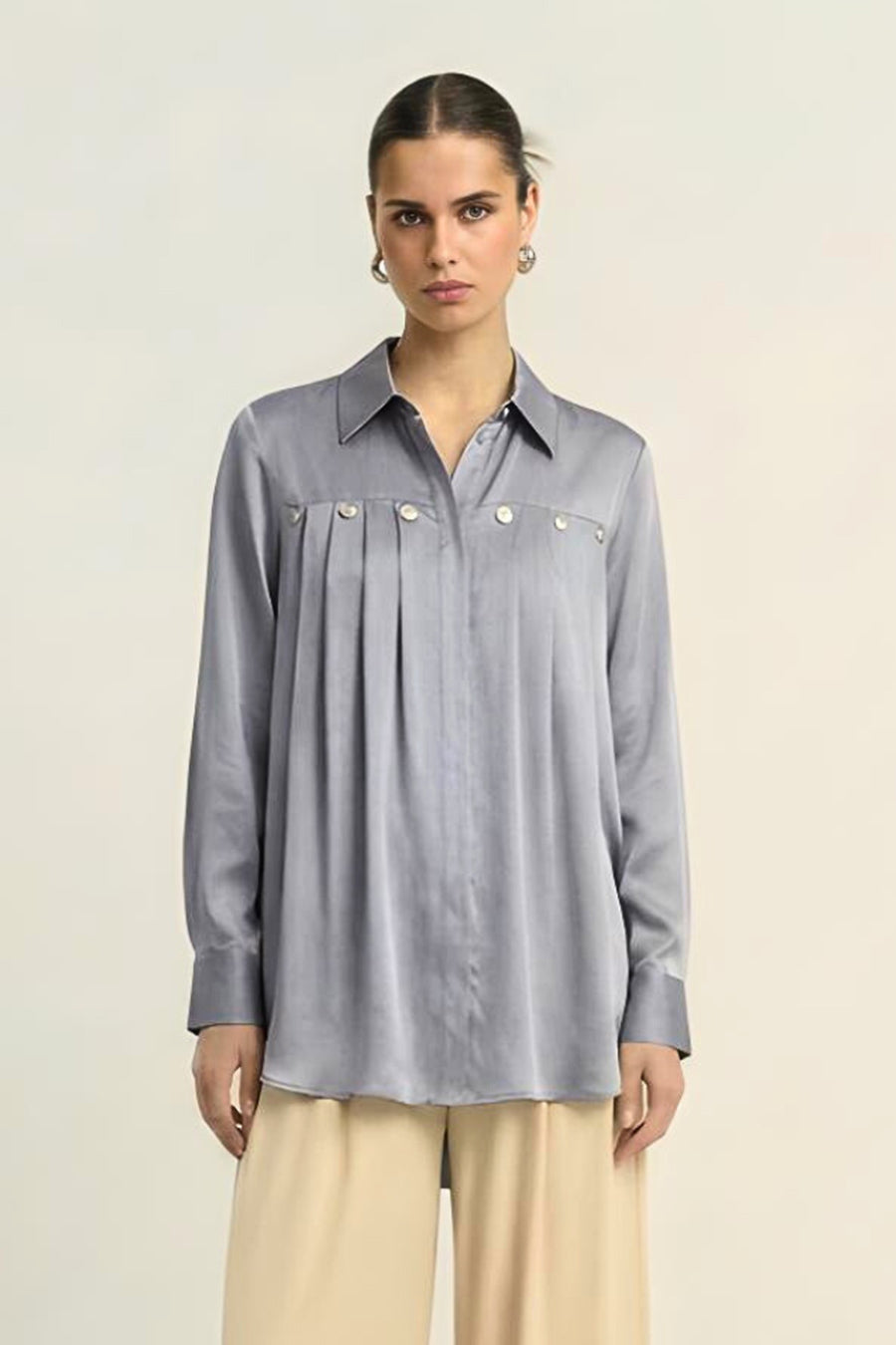 Steel Grey Pleated Coin Embellished Shirt