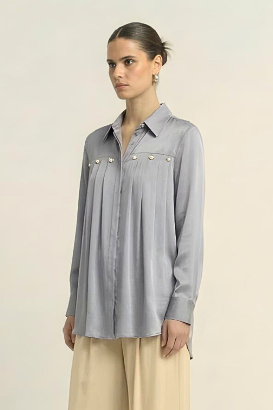 Steel Grey Pleated Coin Embellished Shirt
