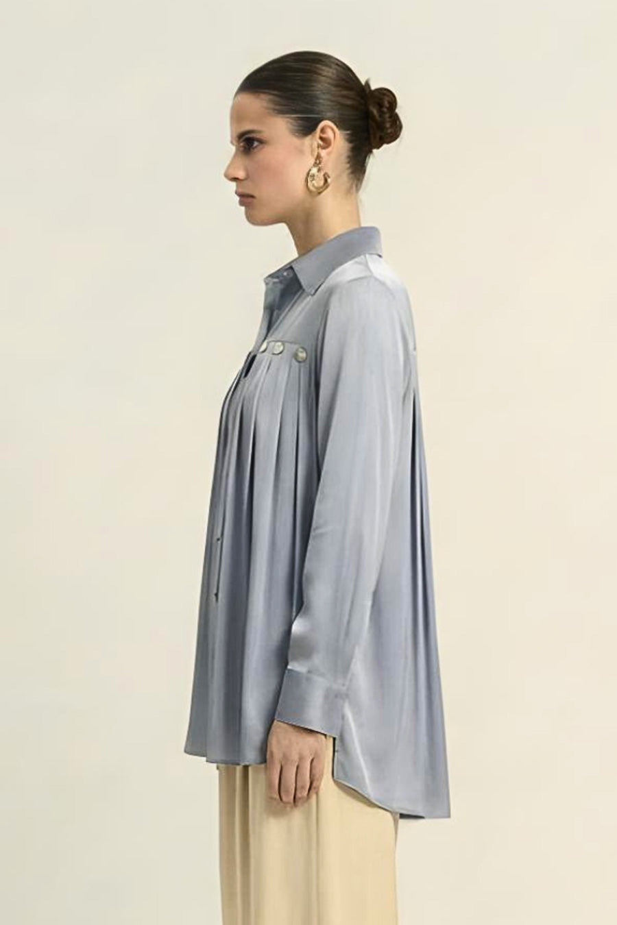 Steel Grey Pleated Coin Embellished Shirt