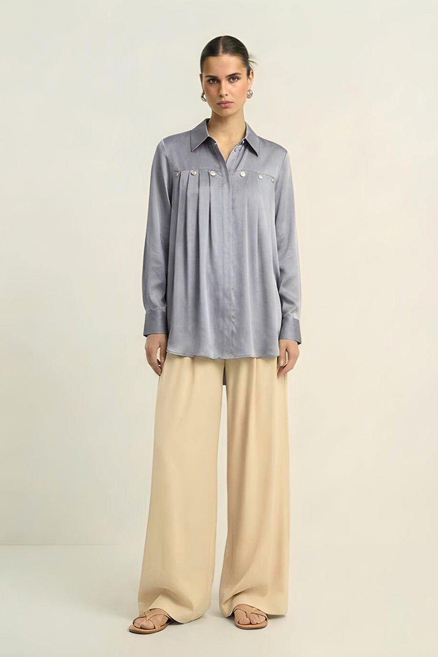 Steel Grey Pleated Coin Embellished Shirt