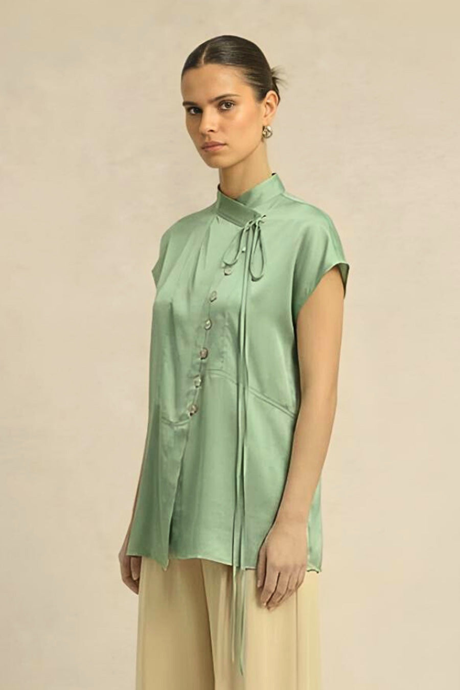 Ash Green Coin Embellished Overlap Top
