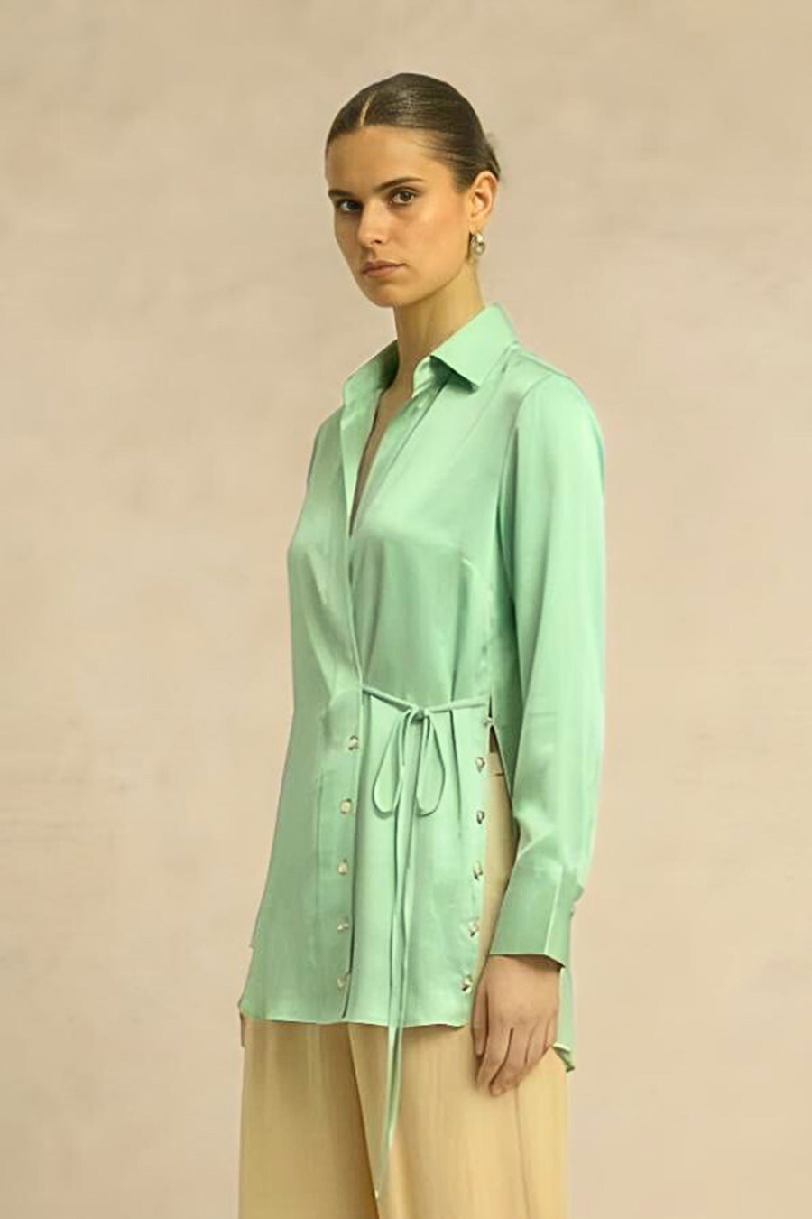 Ash Green Coin Embellished Wrap Shirt