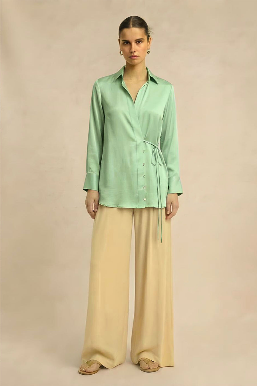 Ash Green Coin Embellished Wrap Shirt