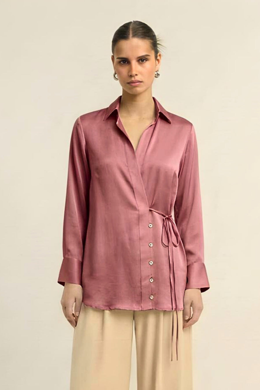 Brick Red Coin Embellished Wrap Shirt