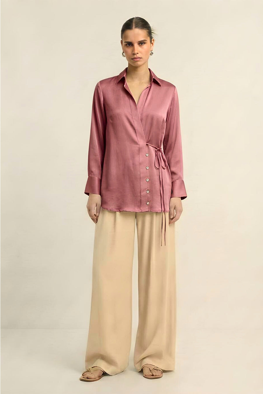 Brick Red Coin Embellished Wrap Shirt