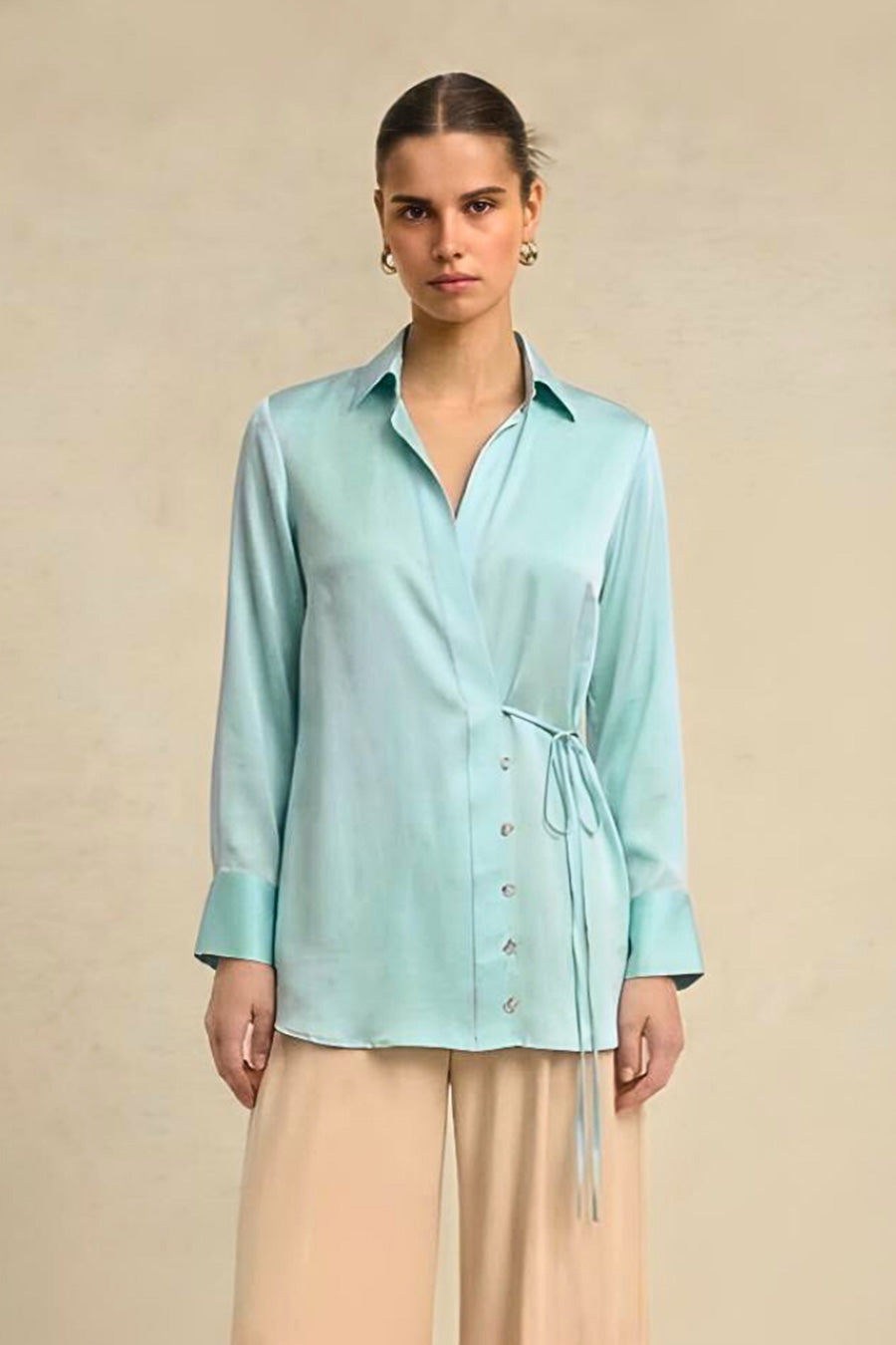 Tropical Blue Coin Embellished Wrap Shirt