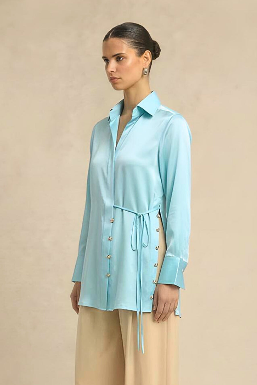 Tropical Blue Coin Embellished Wrap Shirt