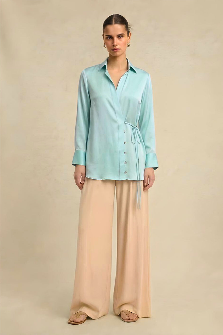 Tropical Blue Coin Embellished Wrap Shirt
