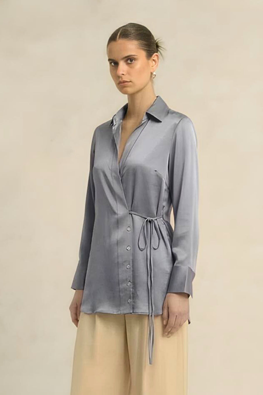 Steel Grey Coin Embellished Wrap Shirt