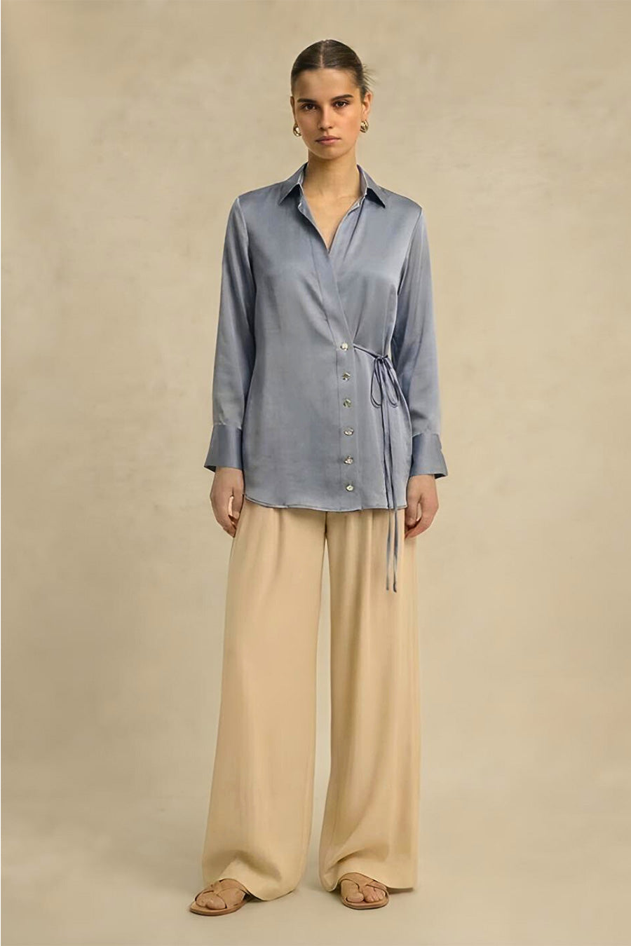 Steel Grey Coin Embellished Wrap Shirt