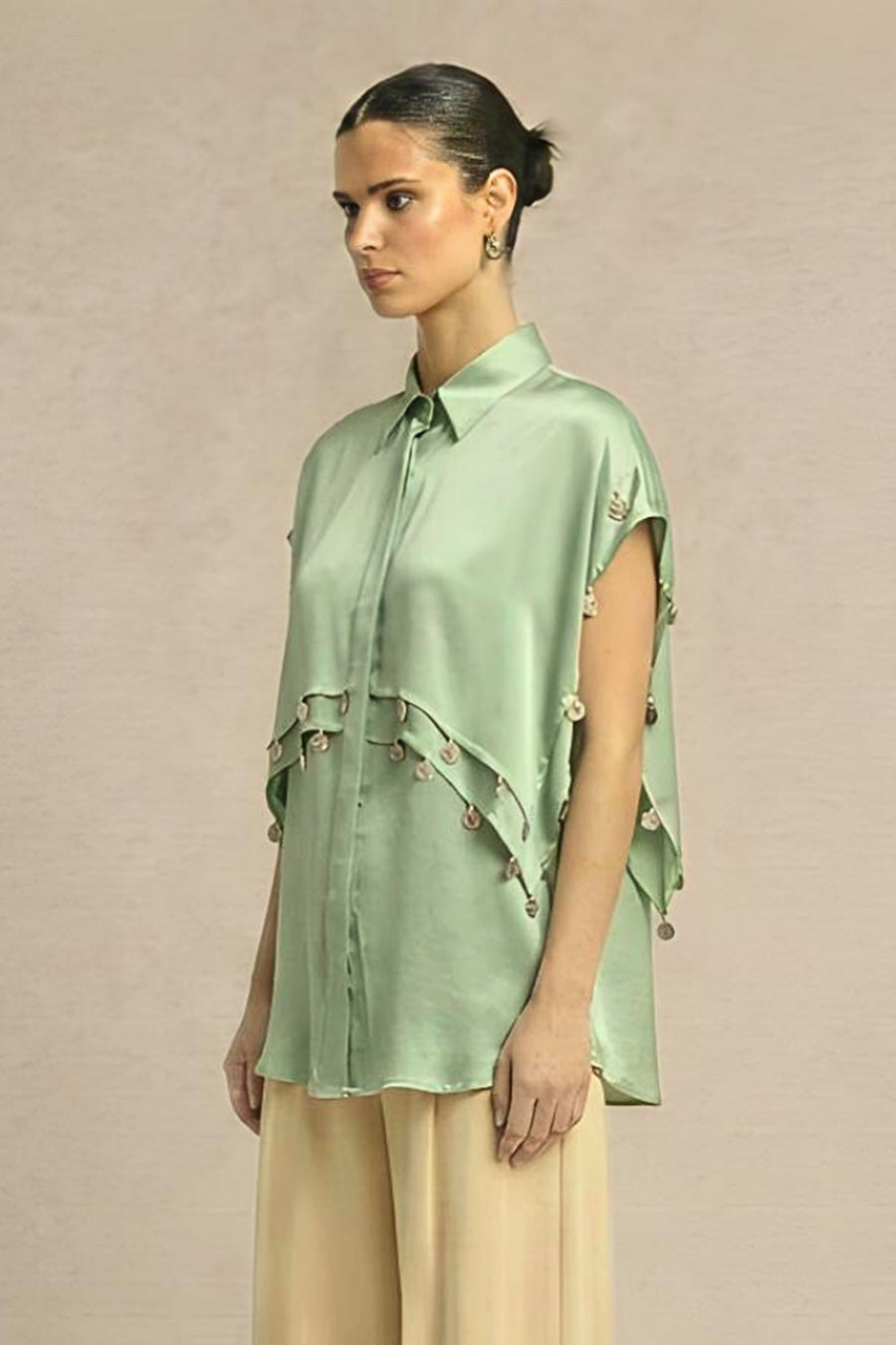Ash Green Coin Embellished Panelled Shirt