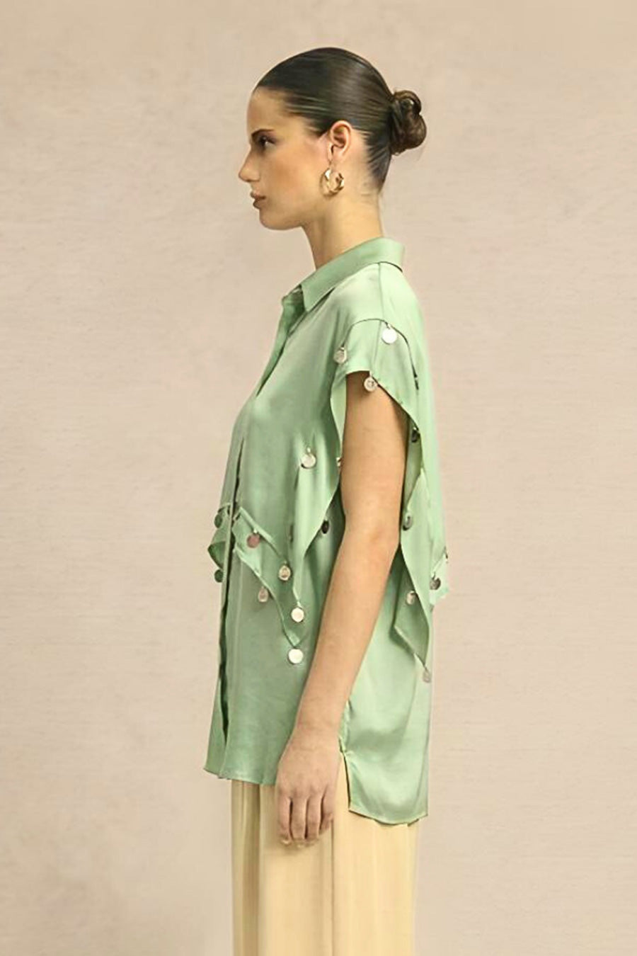 Ash Green Coin Embellished Panelled Shirt